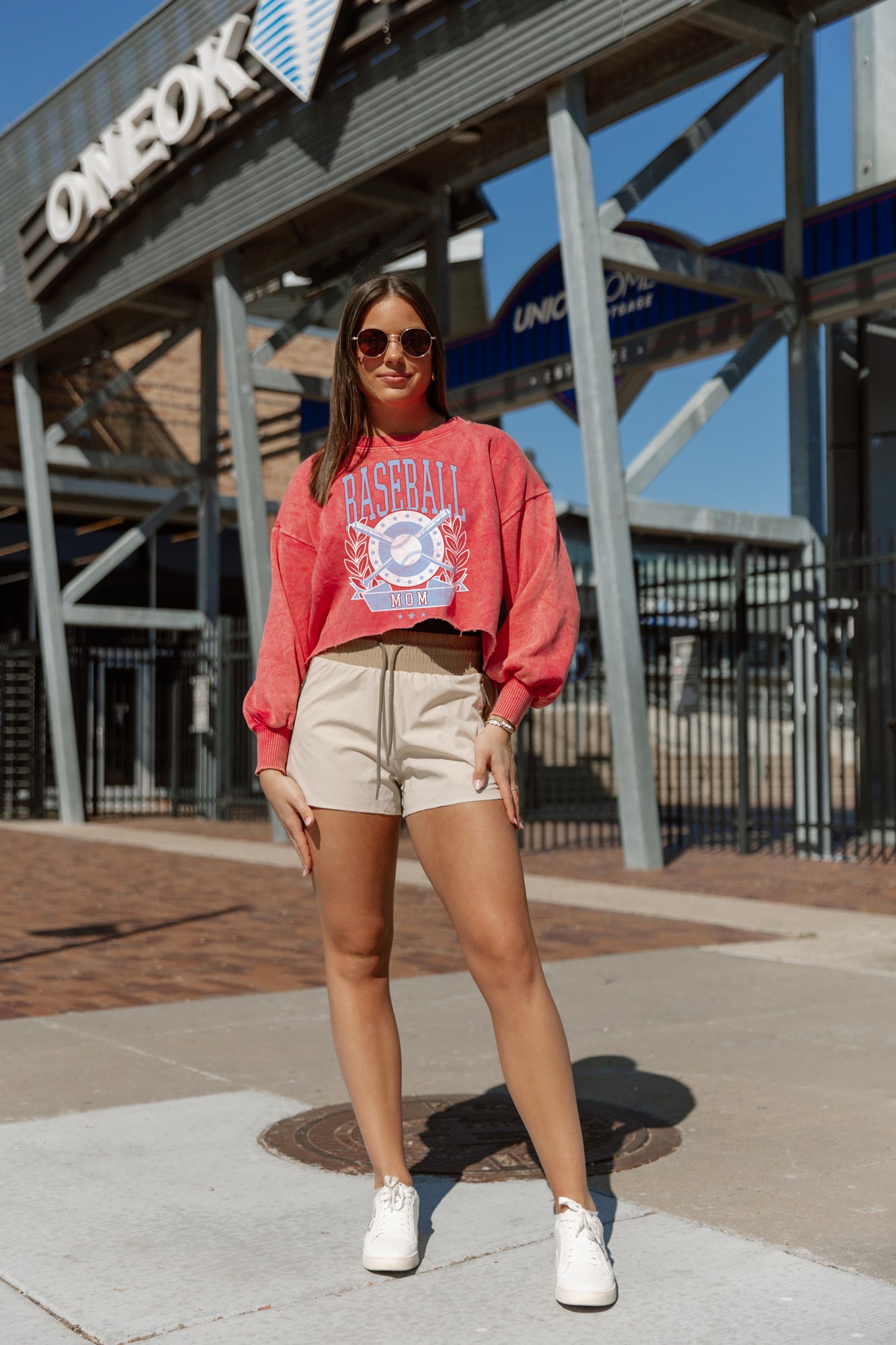 Red UNDER THE STADIUM LIGHTS VINTAGE WASHED CROP SWEATSHIRT - Front View | Gameday Couture - SOHO