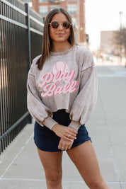 Tan Play Ball Babe Vintage Washed Crop Sweatshirt - Close Up Front View | Gameday Couture - SOHO