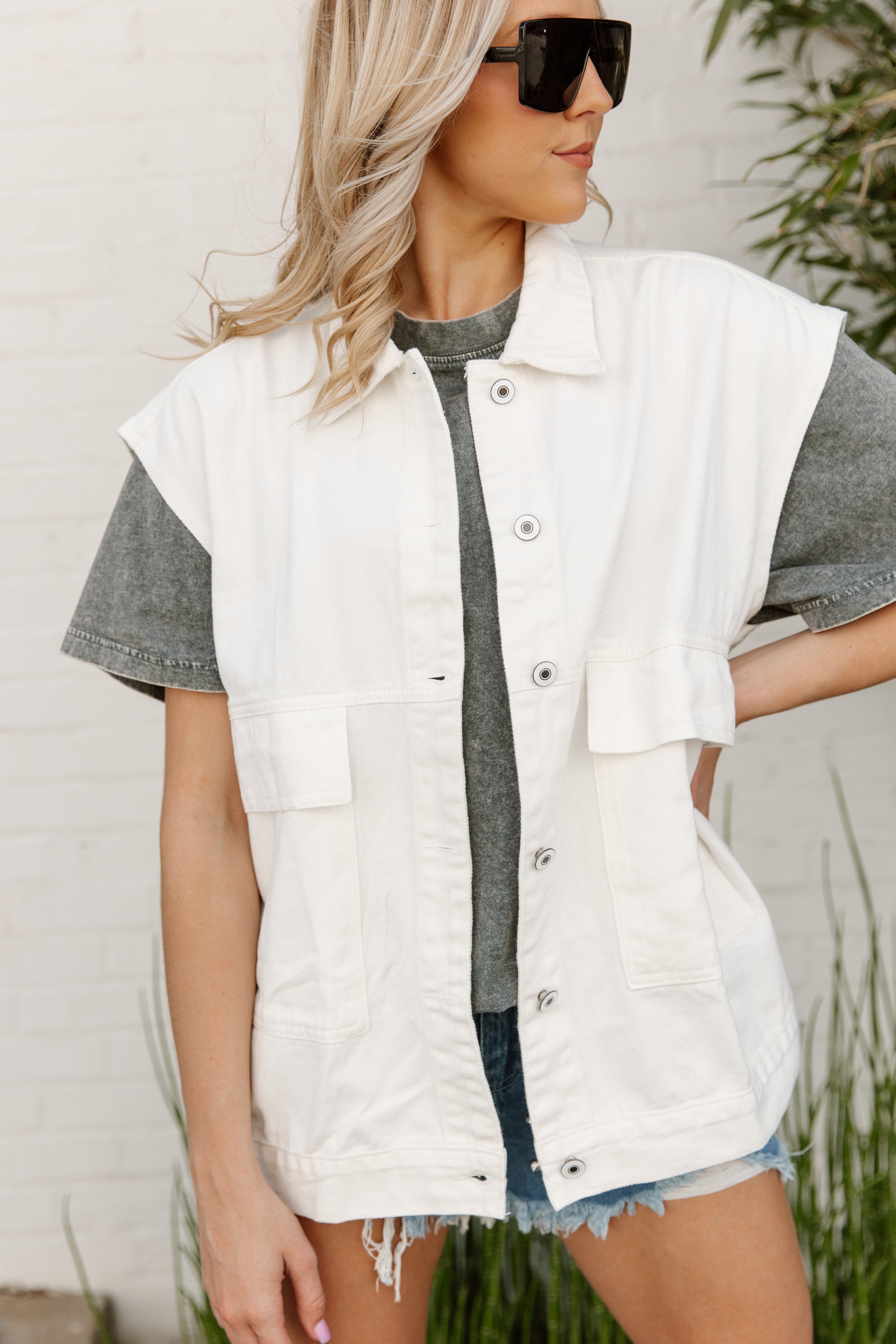White Denim Doll Vest - Side Profile On Model | Gameday Couture - SOHO