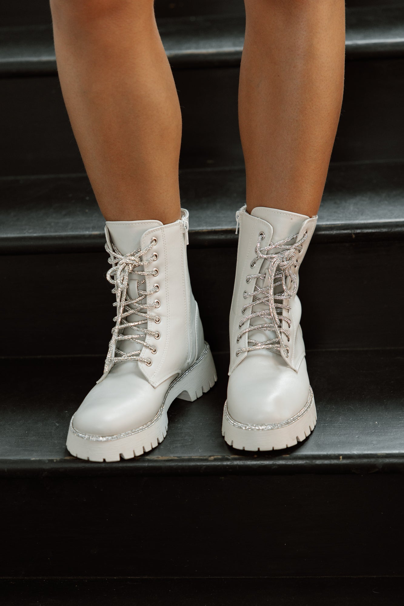 Ivory Sparkle Combat Boots with Lace-Up Detail - Front View | Gameday Couture - SOHO
