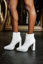 TO A POINT White Platform Heeled Bootie - Side Profile On Model | Gameday Couture - SOHO