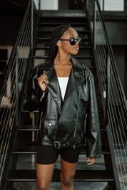 BLAKE OVERSIZED FAUX LEATHER BOMBER JACKET in Black - On Model Front View | Gameday Couture - SOHO