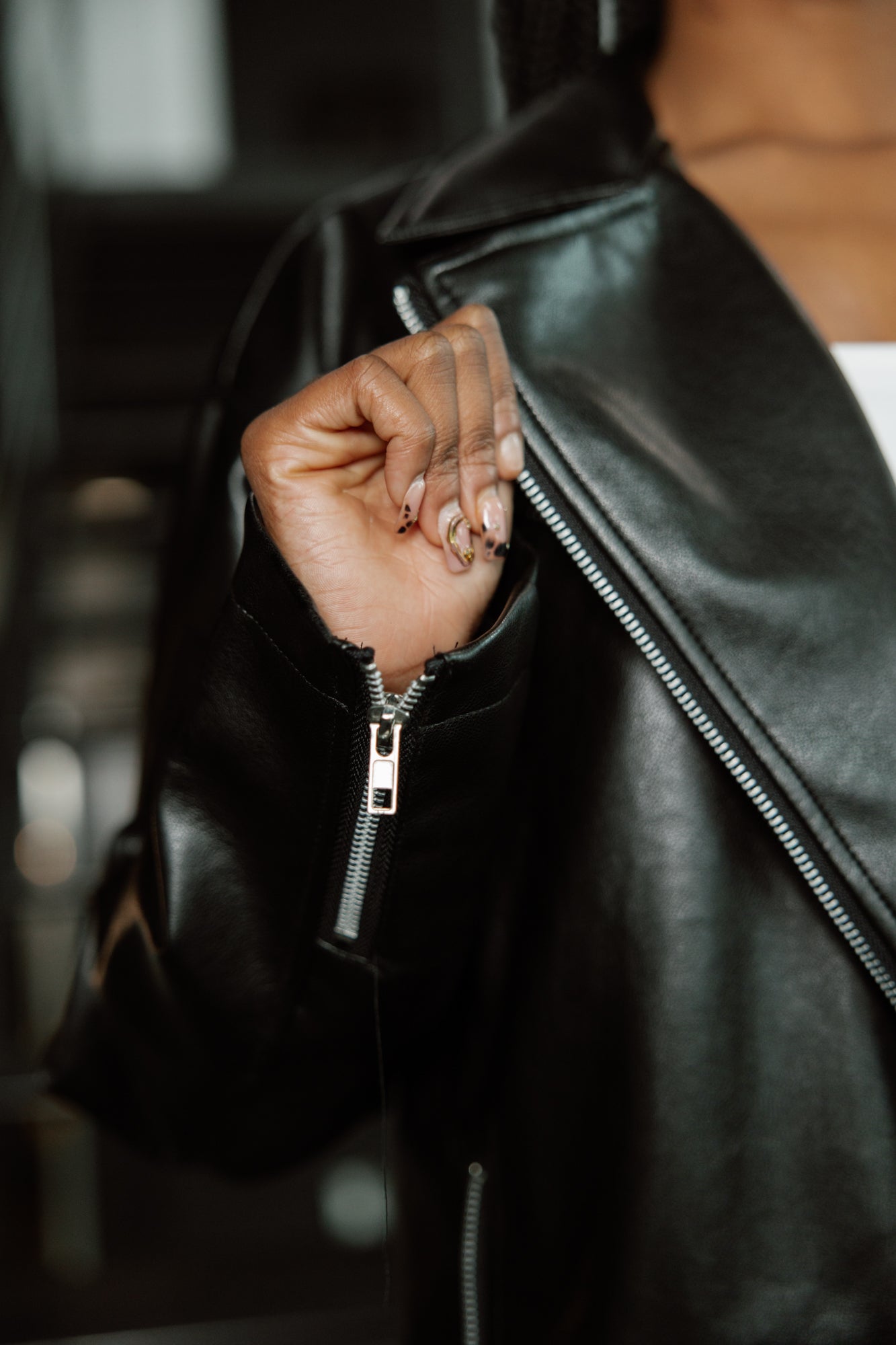 BLAKE OVERSIZED FAUX LEATHER BOMBER JACKET Black - Silver Zipper Hardware Close-Up Detail | Gameday Couture - SOHO