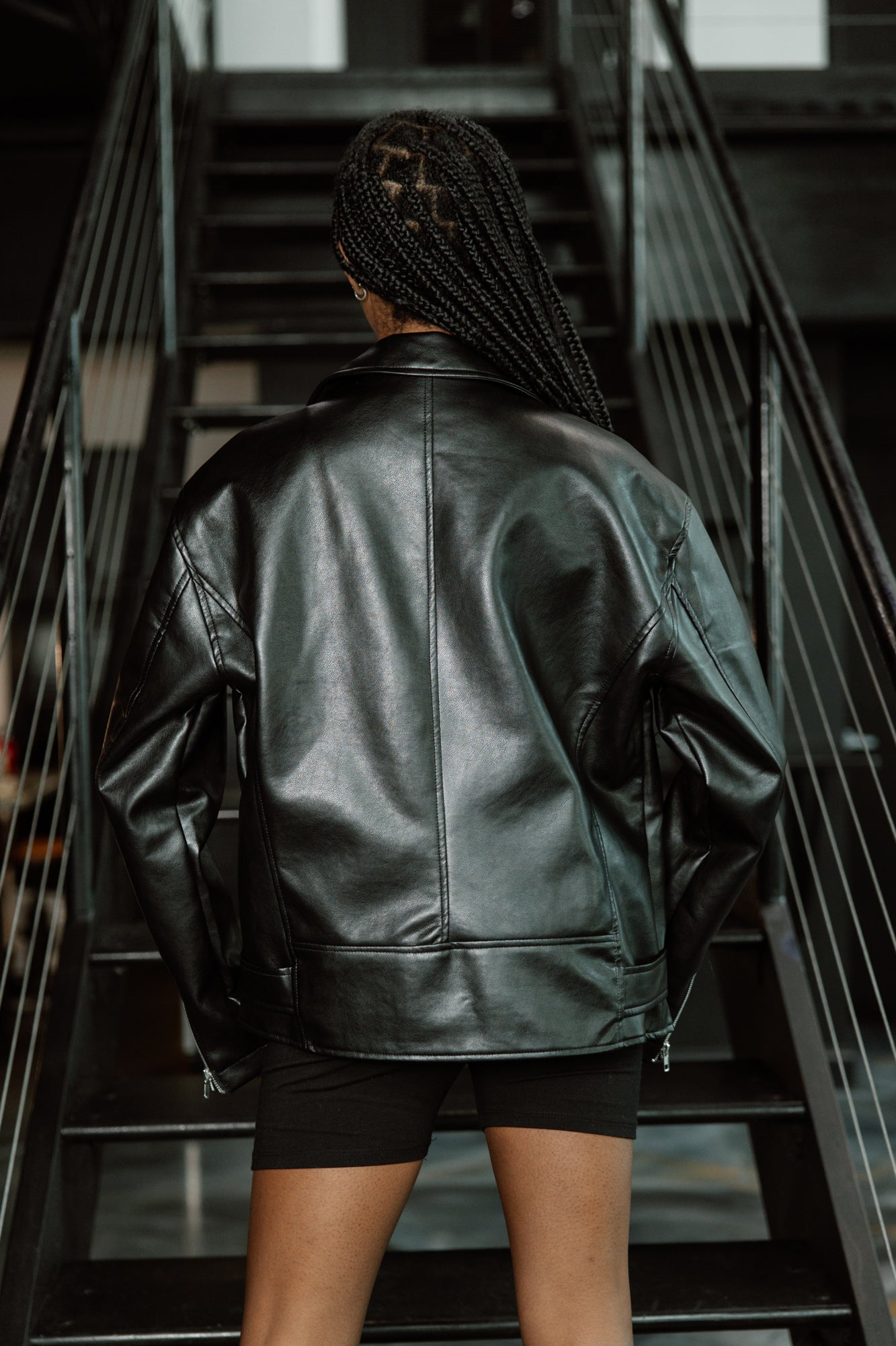 BLAKE OVERSIZED FAUX LEATHER BOMBER JACKET Black - On Model Back View | Gameday Couture - SOHO