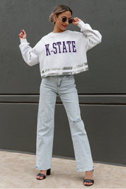 KANSAS STATE WILDCATS PASS THE SHINE LONG SLEEVE METALLIC SHIMMER-STRIPE TOP WITH RIBBED NECKLINE AND CUFFS
