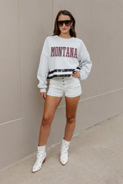 MONTANA GRIZZLIES PASS THE SHINE LONG SLEEVE METALLIC SHIMMER-STRIPE TOP WITH RIBBED NECKLINE AND CUFFS