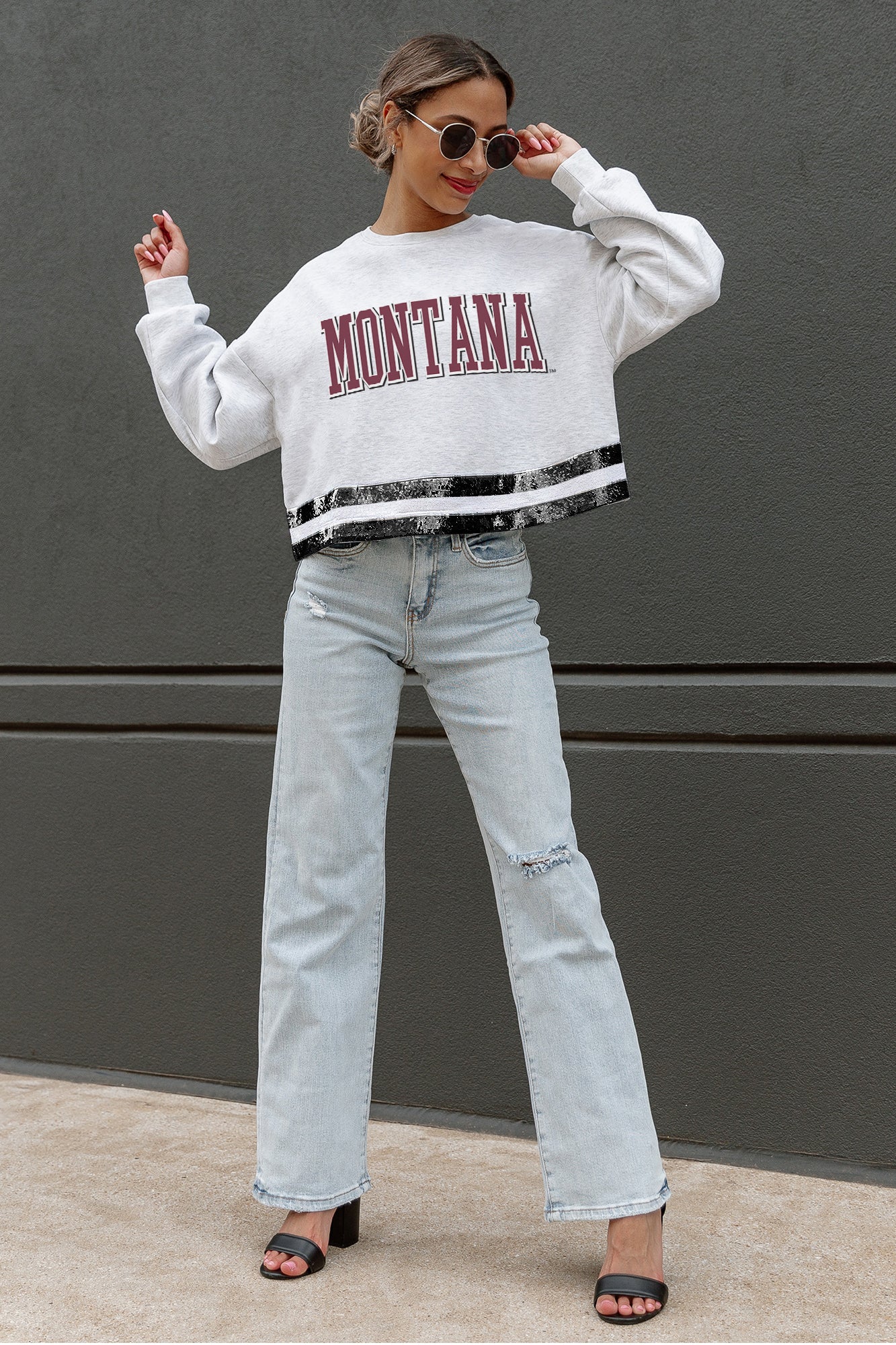 MONTANA GRIZZLIES PASS THE SHINE LONG SLEEVE METALLIC SHIMMER-STRIPE TOP WITH RIBBED NECKLINE AND CUFFS