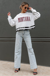 MONTANA GRIZZLIES PASS THE SHINE LONG SLEEVE METALLIC SHIMMER-STRIPE TOP WITH RIBBED NECKLINE AND CUFFS