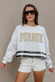 Ash Grey PURDUE BOILERMAKERS Sequin Stripe Cropped Sweatshirt - Front View | Gameday Couture - SOHO