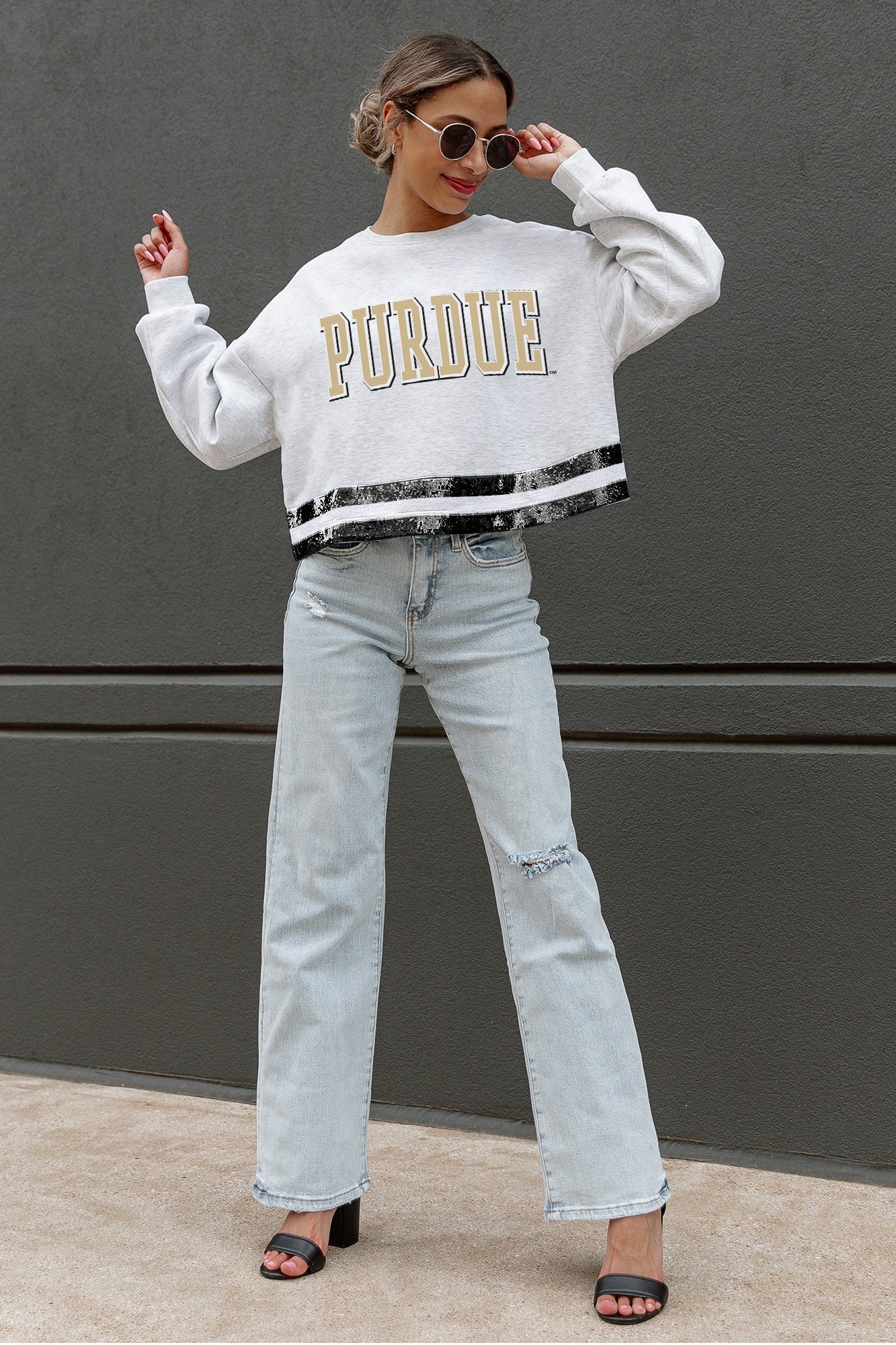 Ash Grey PURDUE BOILERMAKERS Sequin Stripe Cropped Sweatshirt - Styled Look | Gameday Couture - SOHO