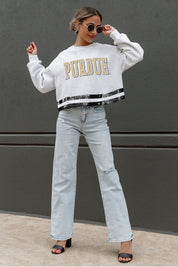 Ash Grey PURDUE BOILERMAKERS Sequin Stripe Cropped Sweatshirt - Styled Look | Gameday Couture - SOHO