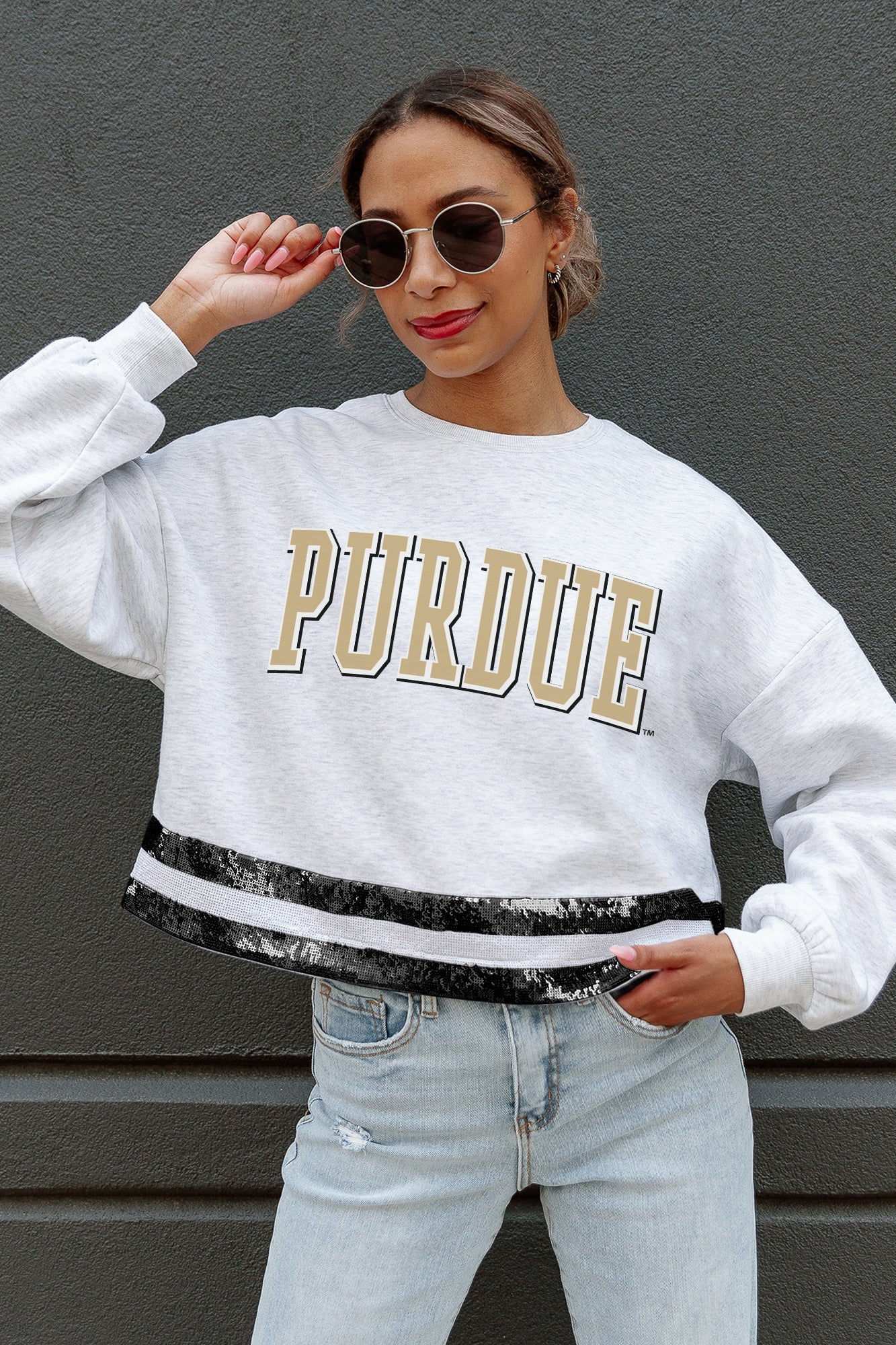 Ash Grey PURDUE BOILERMAKERS Sequin Stripe Detail - Close Up View | Gameday Couture - SOHO