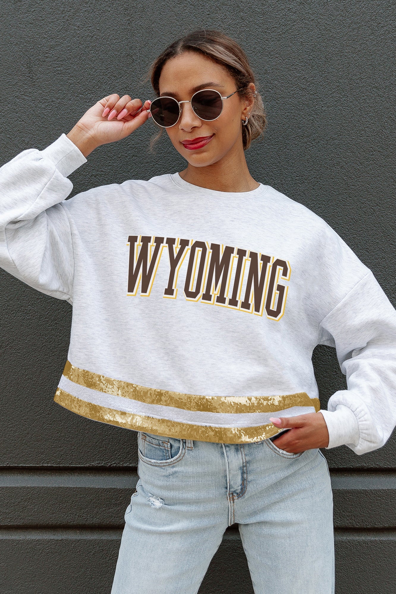 WYOMING COWBOYS PASS THE SHINE LONG SLEEVE METALLIC SHIMMER-STRIPE TOP WITH RIBBED NECKLINE AND CUFFS
