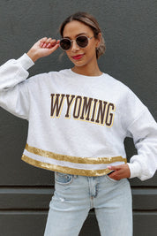 WYOMING COWBOYS PASS THE SHINE LONG SLEEVE METALLIC SHIMMER-STRIPE TOP WITH RIBBED NECKLINE AND CUFFS