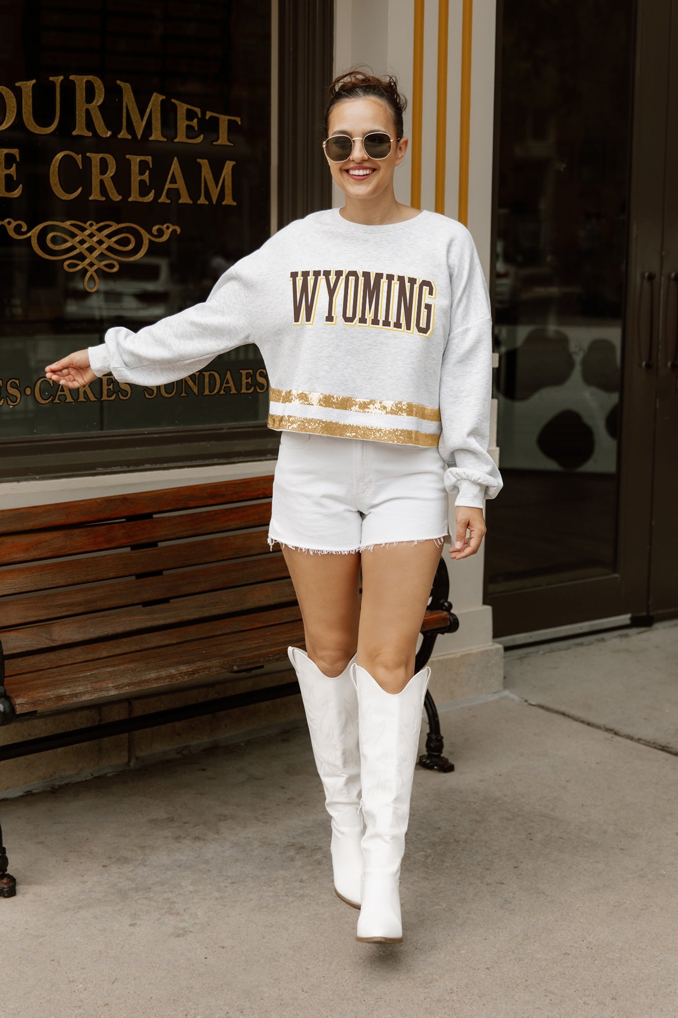 WYOMING COWBOYS PASS THE SHINE LONG SLEEVE METALLIC SHIMMER-STRIPE TOP WITH RIBBED NECKLINE AND CUFFS