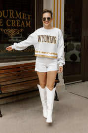 WYOMING COWBOYS PASS THE SHINE LONG SLEEVE METALLIC SHIMMER-STRIPE TOP WITH RIBBED NECKLINE AND CUFFS