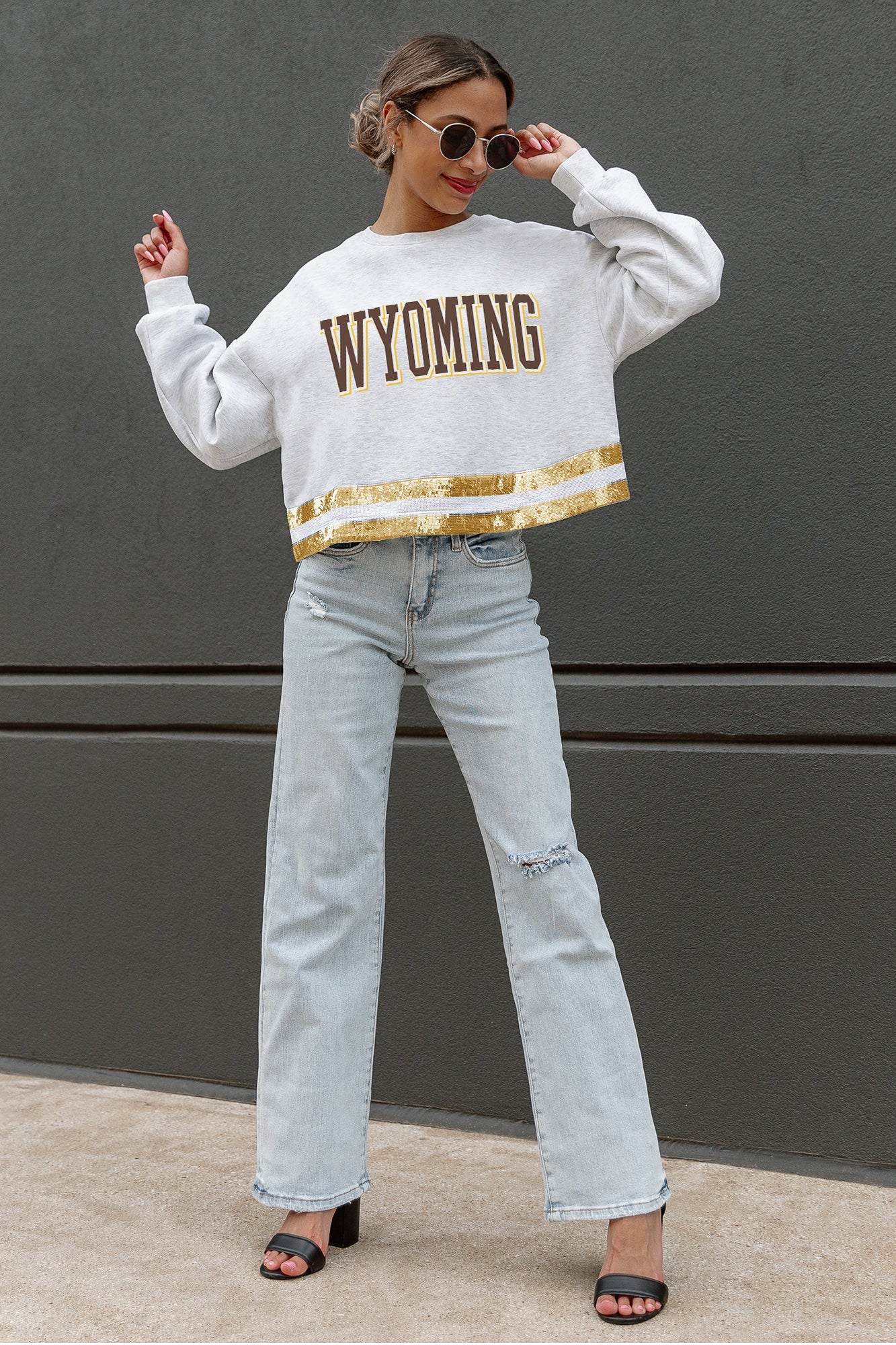 WYOMING COWBOYS PASS THE SHINE LONG SLEEVE METALLIC SHIMMER-STRIPE TOP WITH RIBBED NECKLINE AND CUFFS