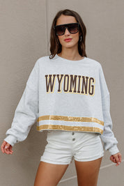 WYOMING COWBOYS PASS THE SHINE LONG SLEEVE METALLIC SHIMMER-STRIPE TOP WITH RIBBED NECKLINE AND CUFFS