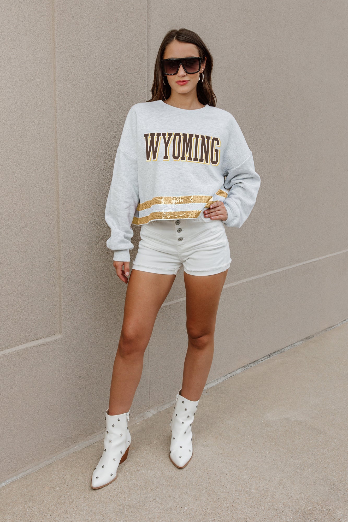 WYOMING COWBOYS PASS THE SHINE LONG SLEEVE METALLIC SHIMMER-STRIPE TOP WITH RIBBED NECKLINE AND CUFFS