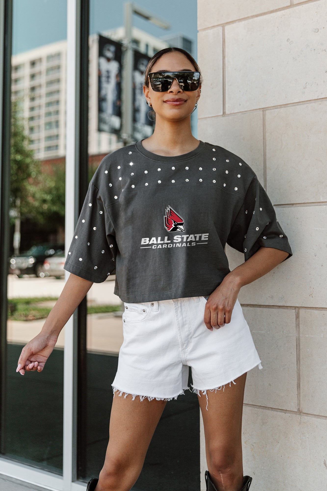 BALL STATE CARDINALS MAKING MOVES ALL-OVER RHINESTONE CROPPED TEE WITH YOKE