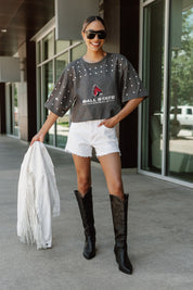 BALL STATE CARDINALS MAKING MOVES ALL-OVER RHINESTONE CROPPED TEE WITH YOKE