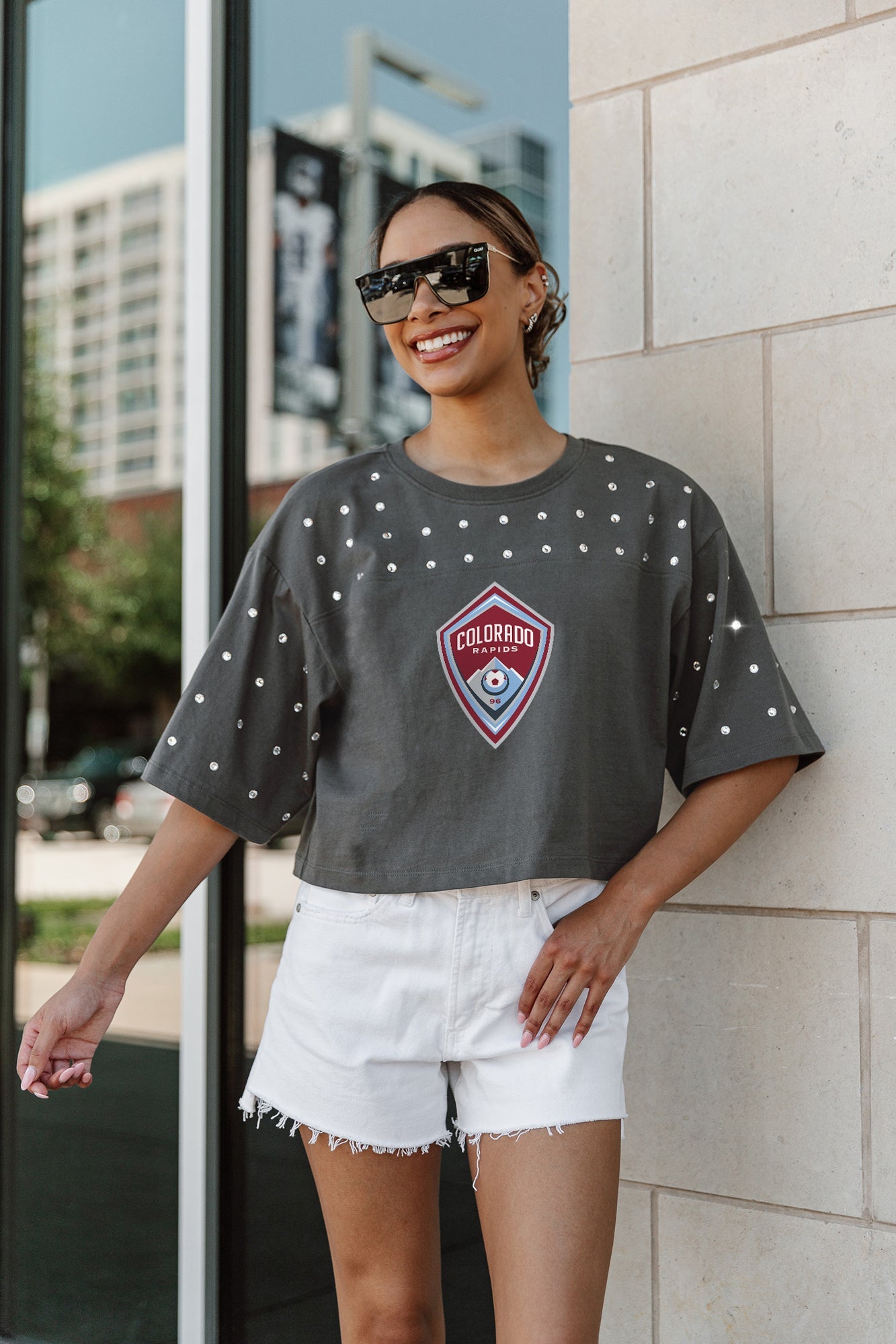 COLORADO RAPIDS MAKING MOVES ALL-OVER RHINESTONE CROPPED TEE WITH YOKE