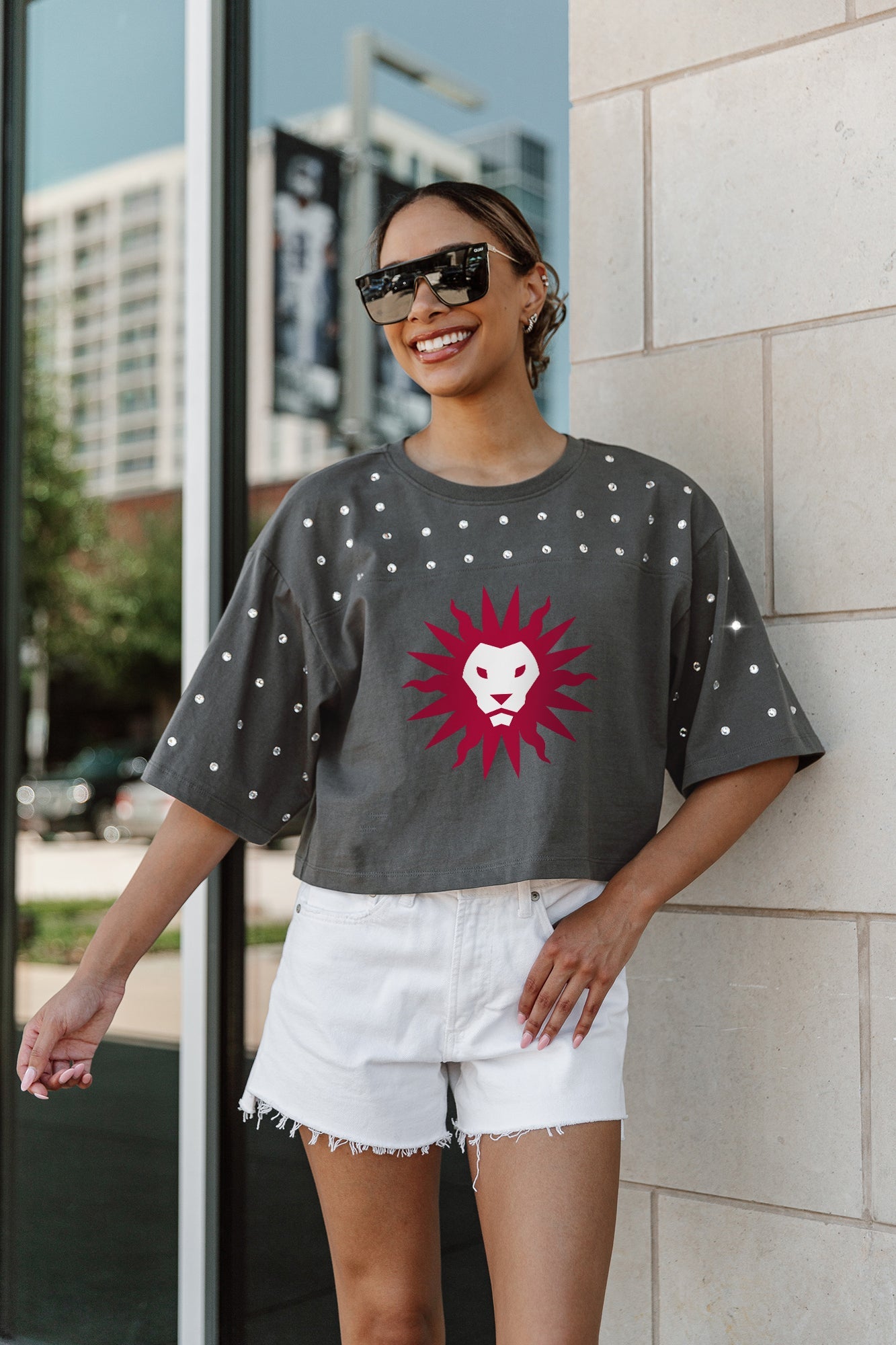 LOYOLA MARYMOUNT LIONS MAKING MOVES ALL-OVER RHINESTONE CROPPED TEE WITH YOKE