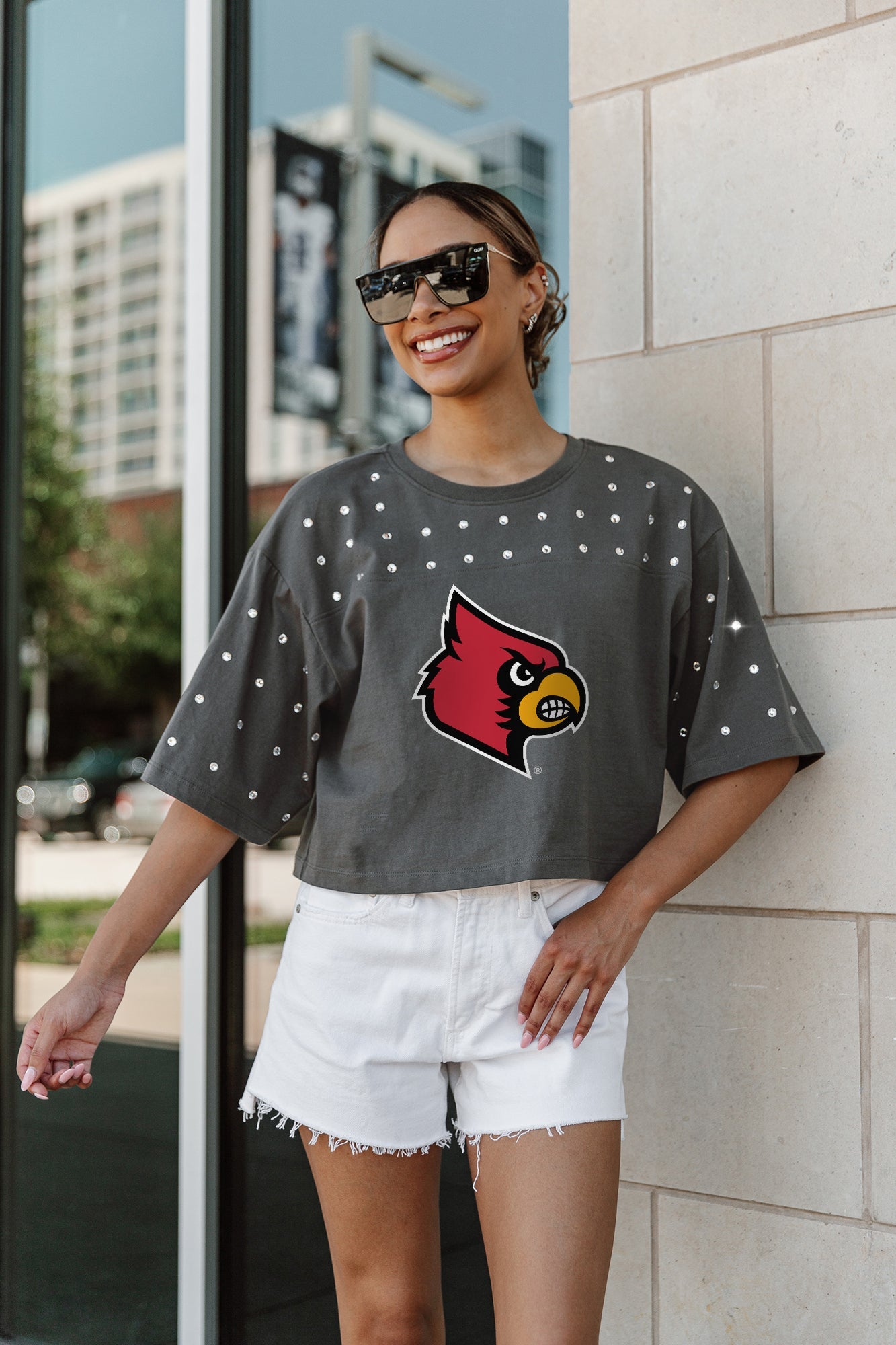 LOUISVILLE CARDINALS MAKING MOVES ALL-OVER RHINESTONE CROPPED TEE WITH YOKE