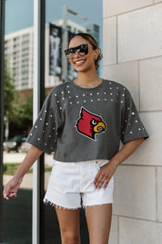 LOUISVILLE CARDINALS MAKING MOVES ALL-OVER RHINESTONE CROPPED TEE WITH YOKE