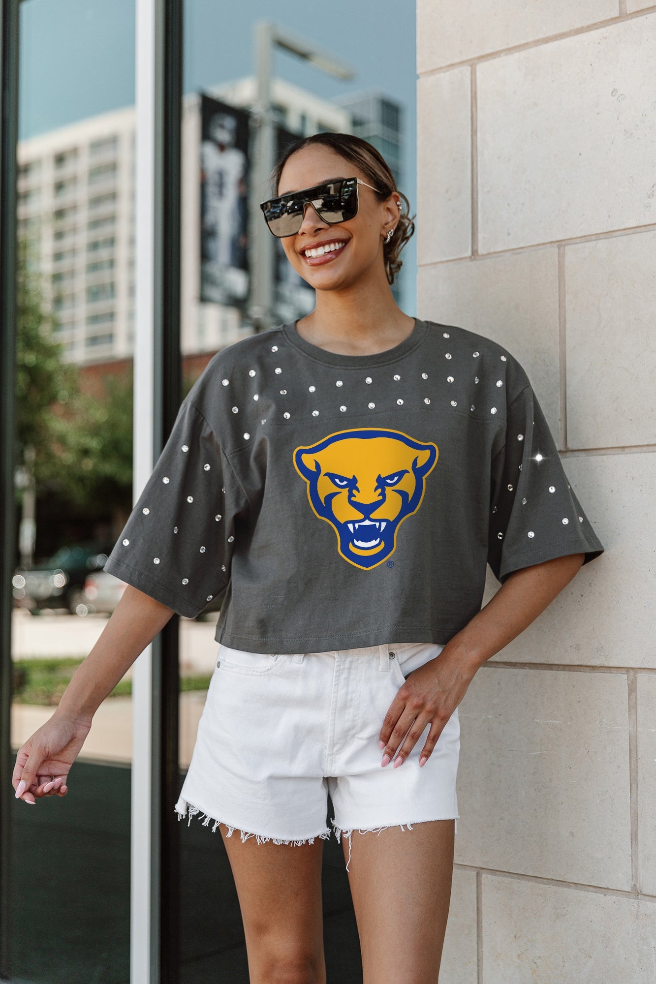 PITTSBURGH PANTHERS MAKING MOVES ALL-OVER RHINESTONE CROPPED TEE WITH YOKE