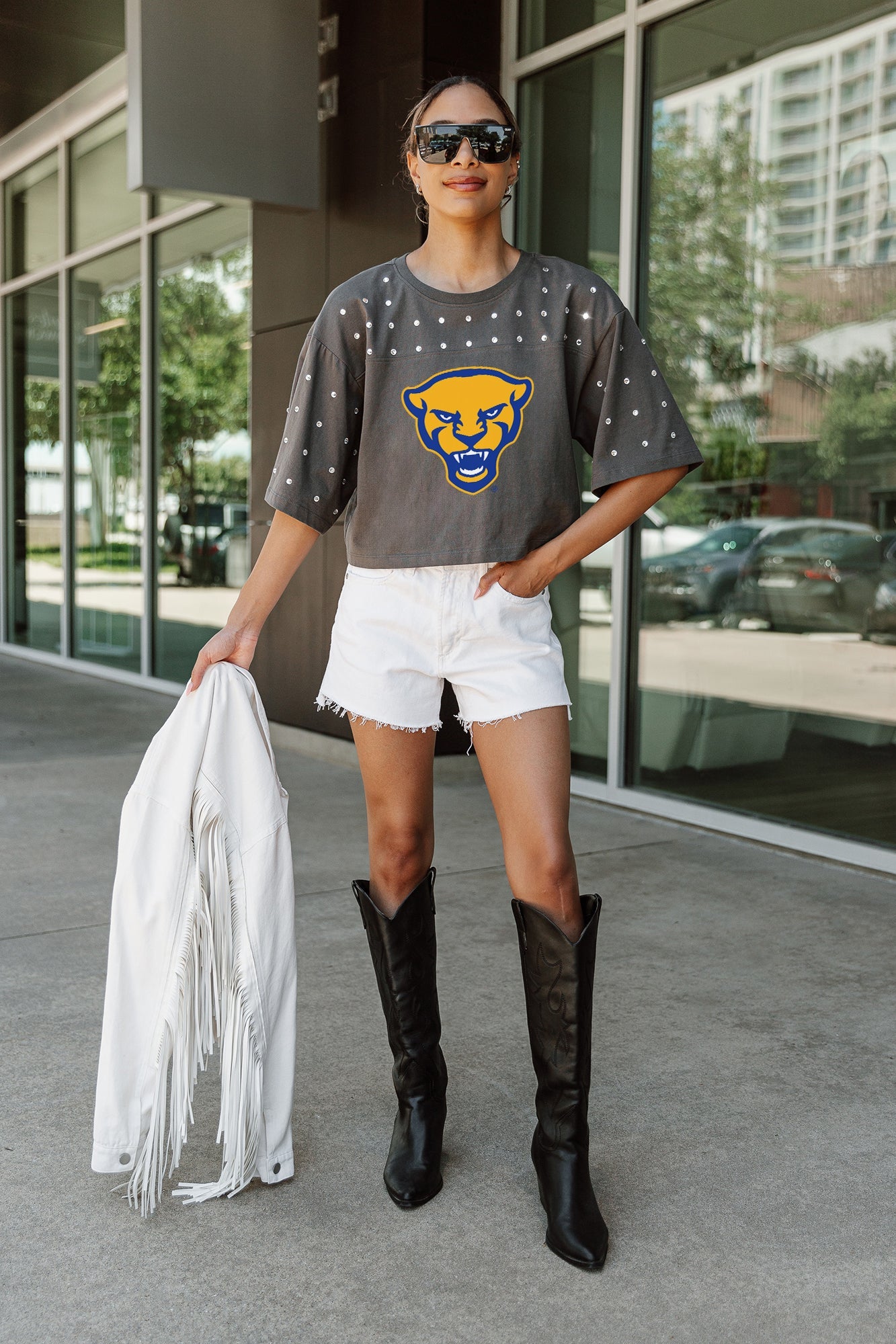 PITTSBURGH PANTHERS MAKING MOVES ALL-OVER RHINESTONE CROPPED TEE WITH YOKE