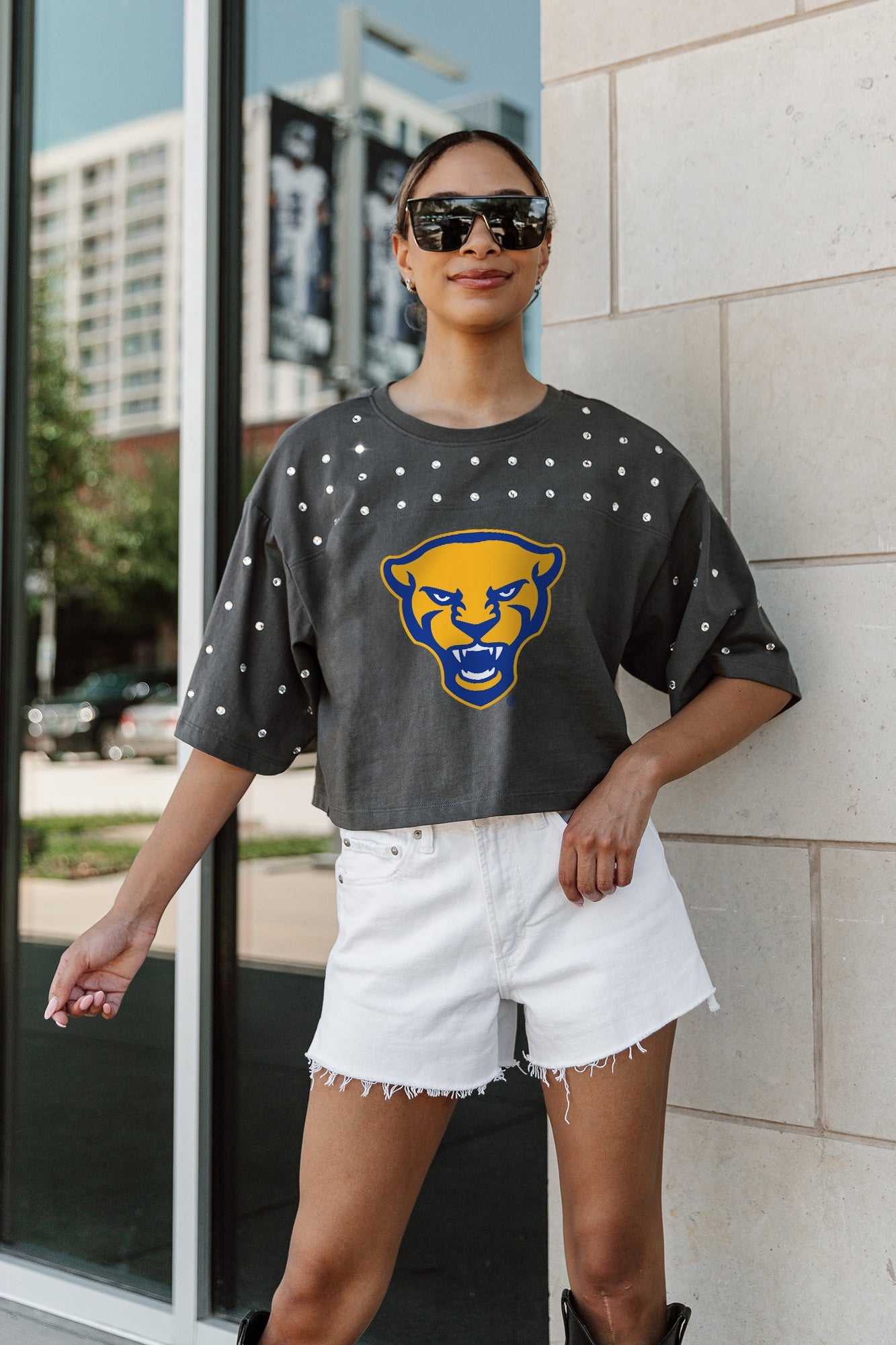 PITTSBURGH PANTHERS MAKING MOVES ALL-OVER RHINESTONE CROPPED TEE WITH YOKE