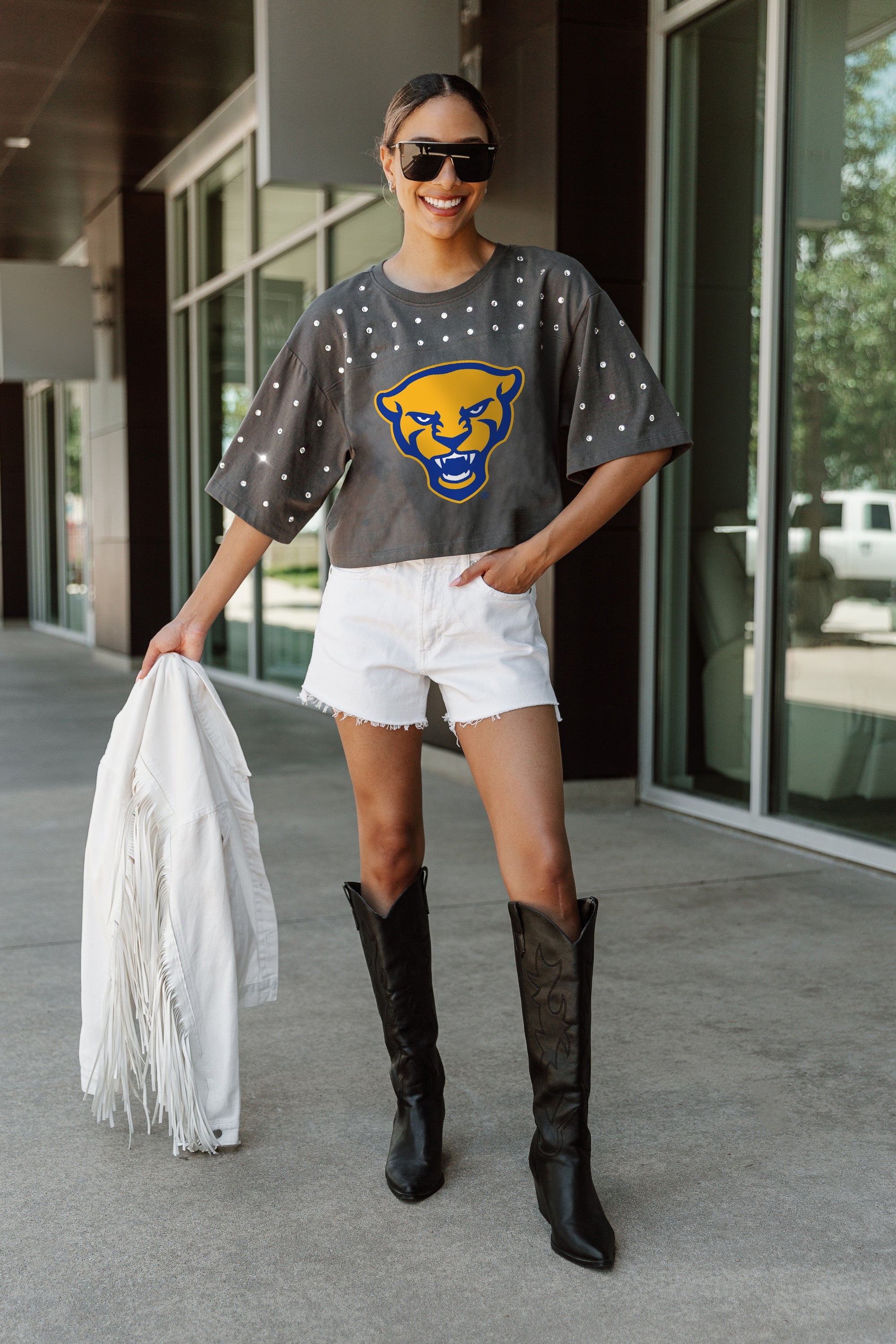 PITTSBURGH PANTHERS MAKING MOVES ALL-OVER RHINESTONE CROPPED TEE WITH YOKE