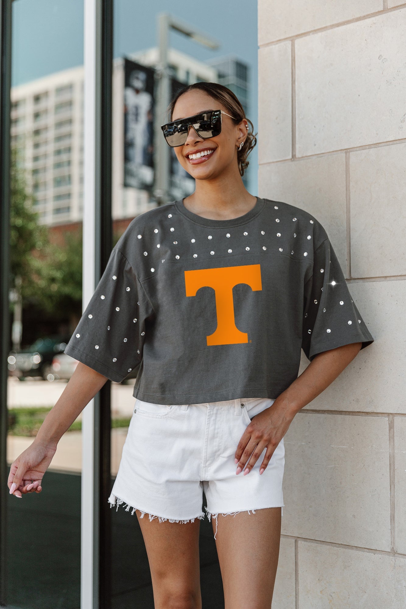 TENNESSEE VOLUNTEERS MAKING MOVES ALL-OVER RHINESTONE CROPPED TEE WITH YOKE
