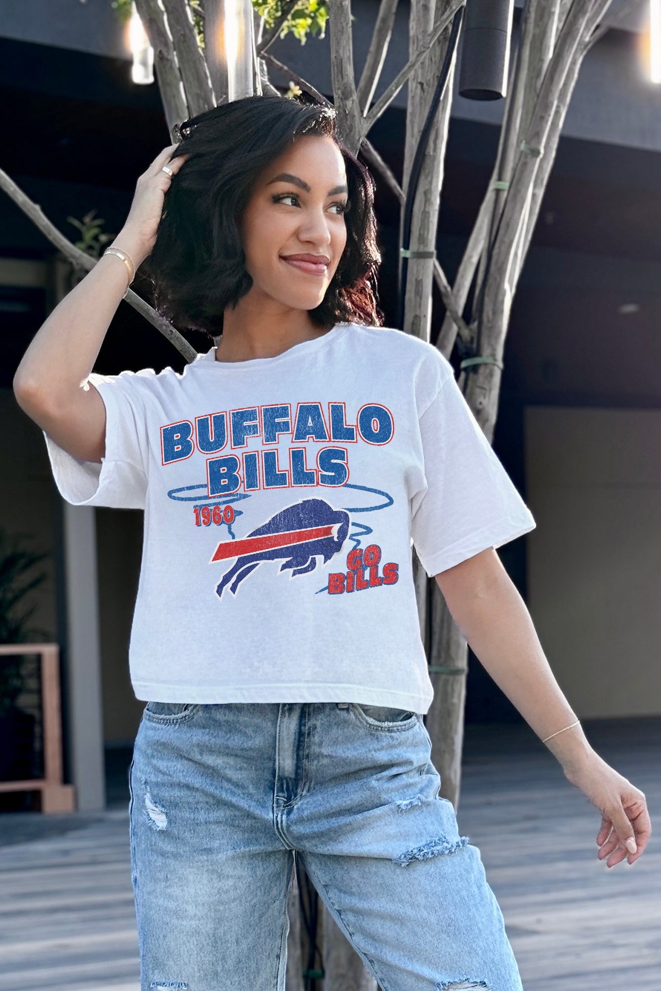 White BUFFALO BILLS GAMEDAY GOALS BOXY FIT WOMEN'S CROP TEE - On Model Front View | Gameday Couture - SOHO