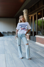 White BUFFALO BILLS GAMEDAY GOALS BOXY FIT WOMEN'S CROP TEE - Casual Pose Front View | Gameday Couture - SOHO