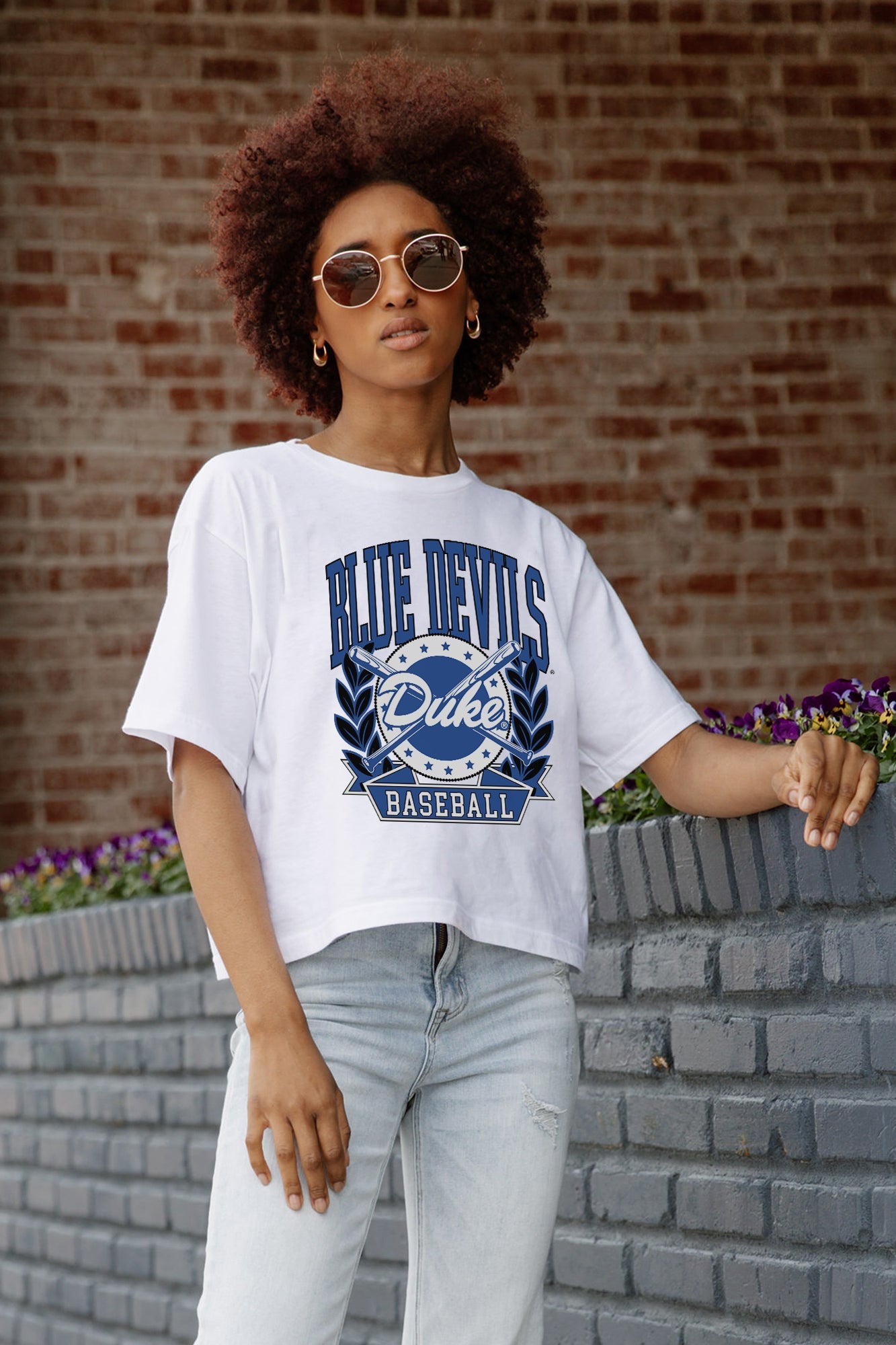 White Duke Blue Devils Bases Loaded Boxy Crop Tee - Graphic Detail Front Close-Up On Model | Gameday Couture - SOHO