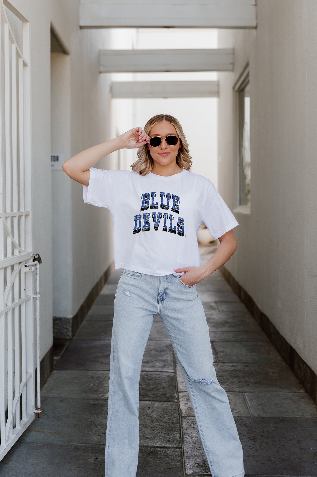White DUKE BLUE DEVILS Claim To Fame Boxy-Fit Crop Tee - Front View | Gameday Couture - SOHO