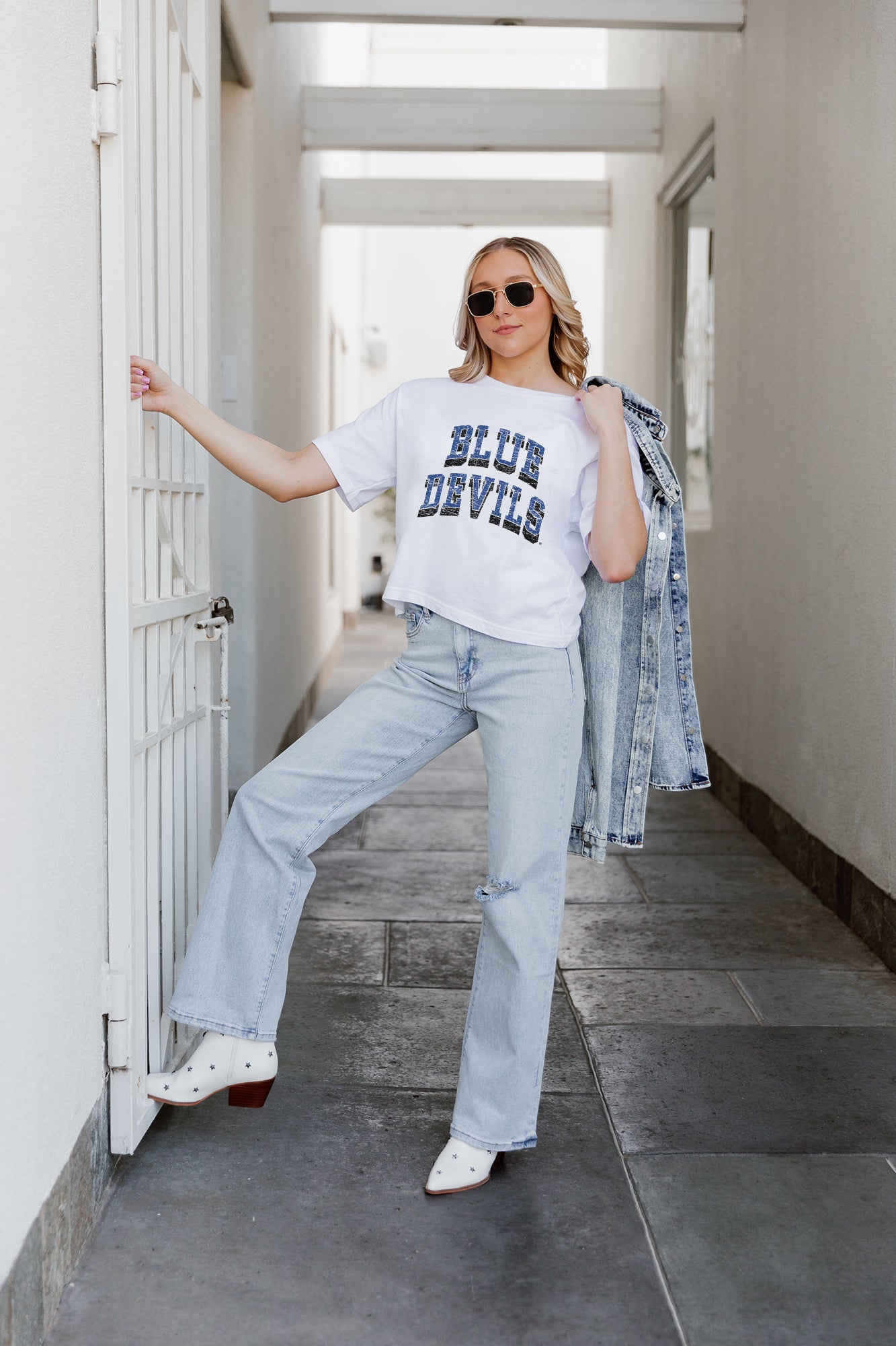 White DUKE BLUE DEVILS Claim To Fame Boxy-Fit Crop Tee - On Model Styled Look | Gameday Couture - SOHO