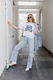White DUKE BLUE DEVILS Claim To Fame Boxy-Fit Crop Tee - On Model Styled Look | Gameday Couture - SOHO