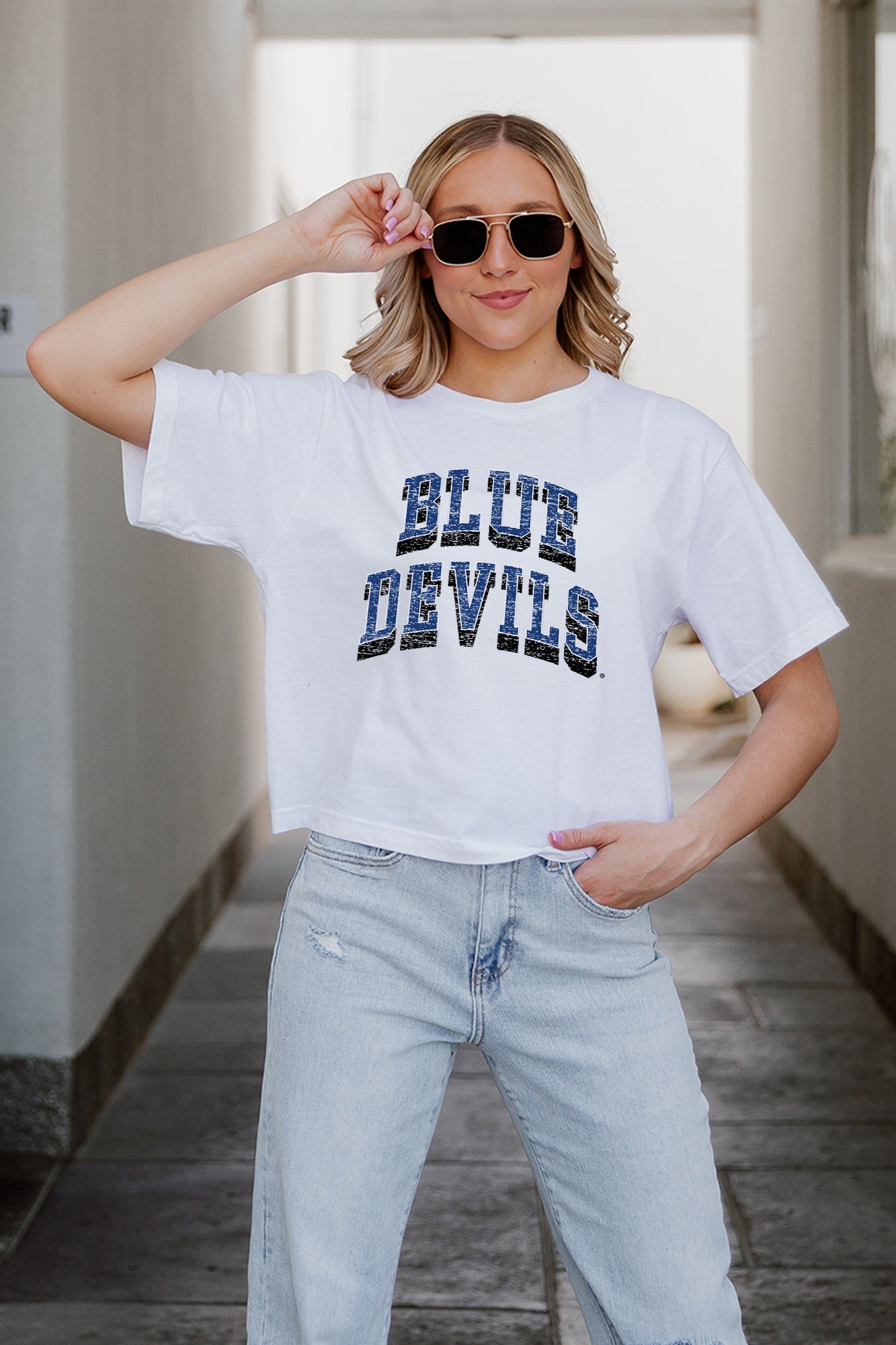 White DUKE BLUE DEVILS Claim To Fame Boxy-Fit Crop Tee - Close-Up Detail | Gameday Couture - SOHO