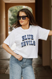 White DUKE BLUE DEVILS Claim To Fame Boxy-Fit Crop Tee - Side Profile | Gameday Couture - SOHO