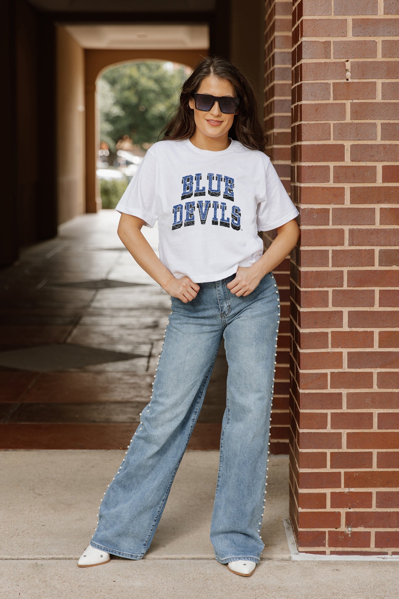 White DUKE BLUE DEVILS Claim To Fame Boxy-Fit Crop Tee - Full Outfit Look | Gameday Couture - SOHO