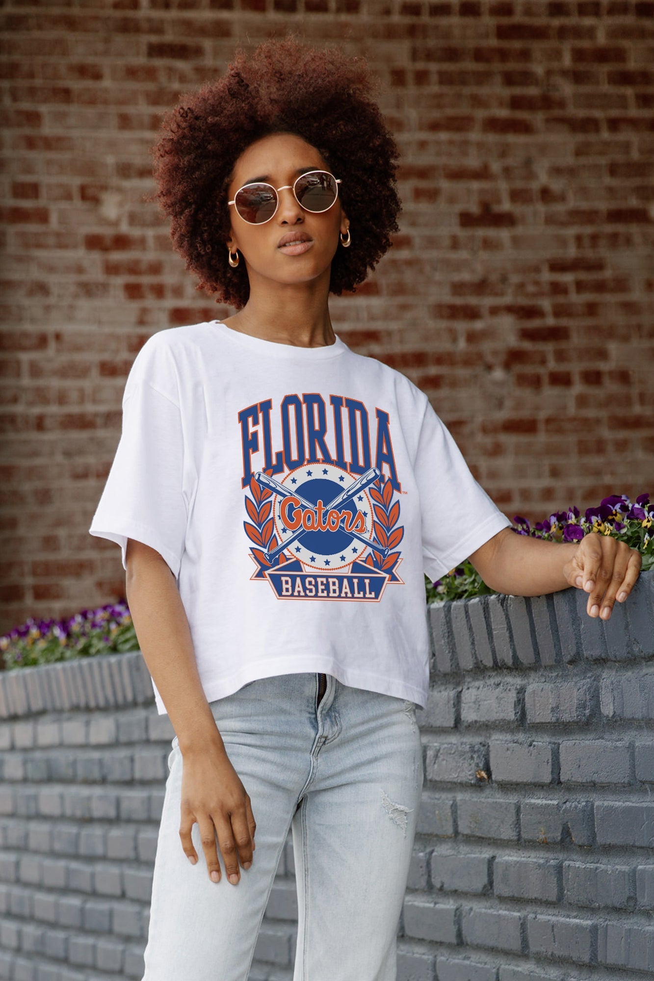 FLORIDA GATORS BASES LOADED BOXY FIT WOMEN'S CROP TEE - Front Detail View | Gameday Couture - SOHO