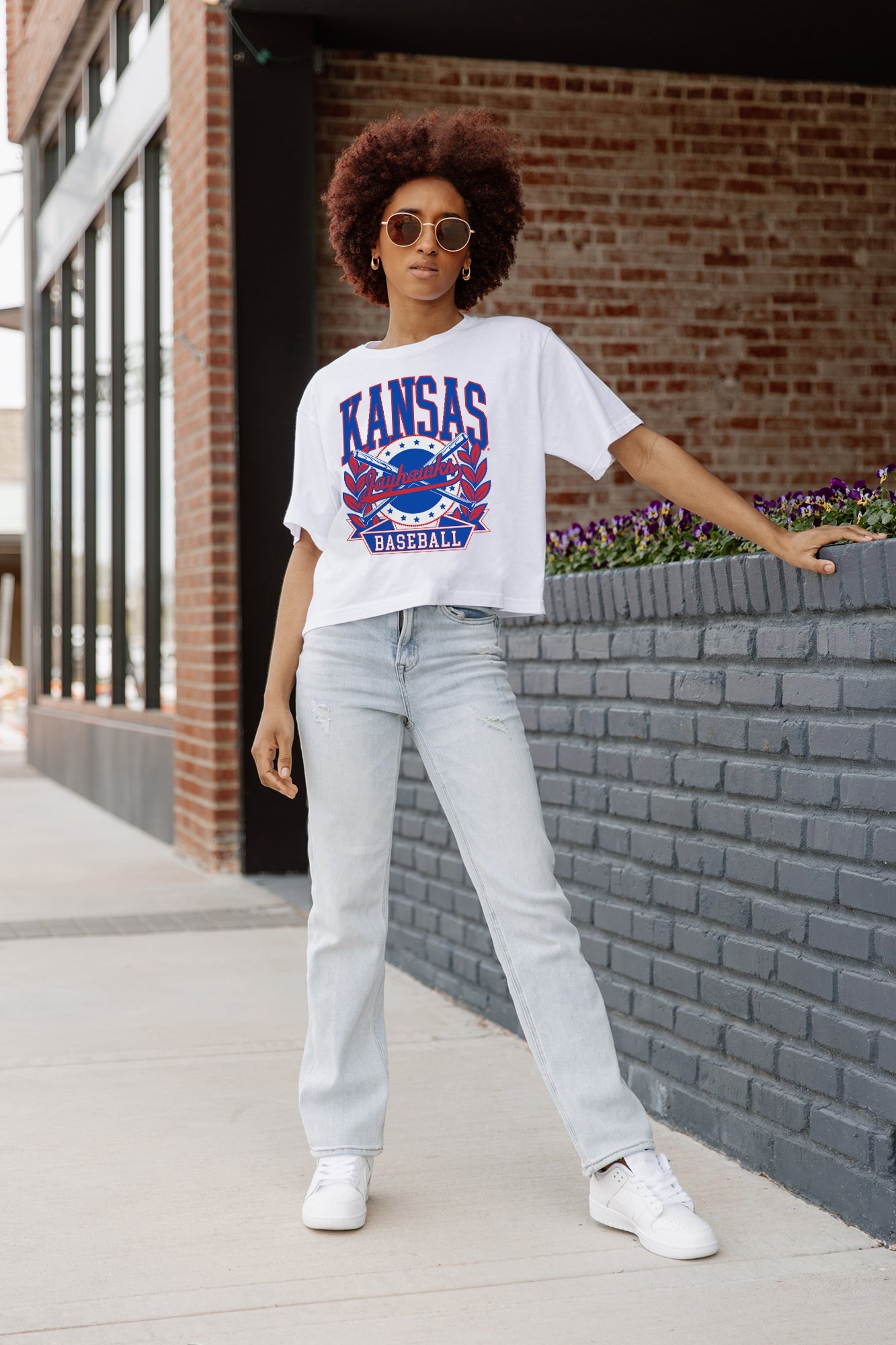 White Kansas Jayhawks Bases Loaded Boxy Crop Tee - Full Front On Model | Gameday Couture - SOHO
