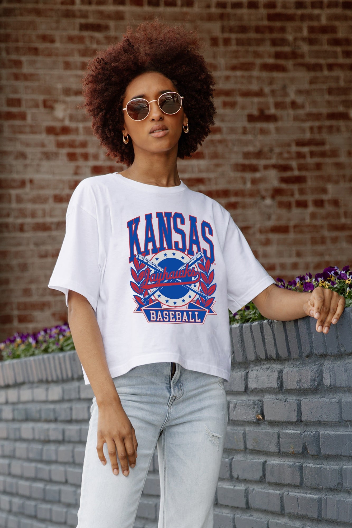 White Kansas Jayhawks Baseball Graphic Boxy Crop Tee - Front Close-Up On Model | Gameday Couture - SOHO