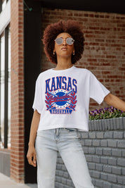 White Kansas Jayhawks Bases Loaded Boxy Crop Tee - Upper Body Front On Model | Gameday Couture - SOHO