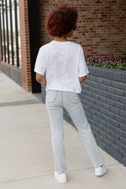 White Kansas Jayhawks Bases Loaded Boxy Crop Tee - Back View On Model | Gameday Couture - SOHO