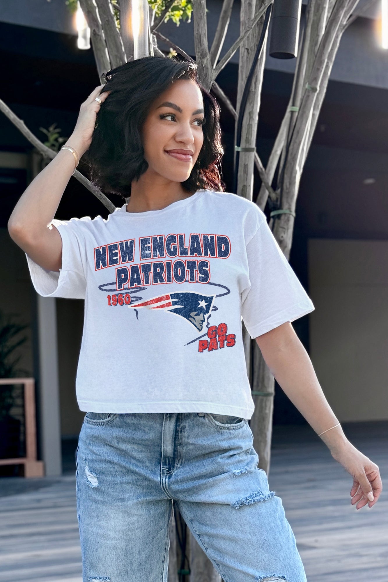 White NEW ENGLAND PATRIOTS GAMEDAY GOALS BOXY FIT WOMEN'S CROP TEE - On Model Front | Gameday Couture - SOHO