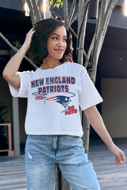 White NEW ENGLAND PATRIOTS GAMEDAY GOALS BOXY FIT WOMEN'S CROP TEE - On Model Front | Gameday Couture - SOHO